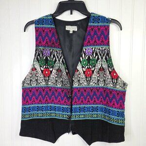 Guatemalan Woven Vest Womens Large Multicolor Floral Boho Tapestry Festive Artsy